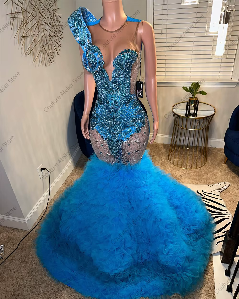 Robe de Rhfroncée en tulle bleu paon pour filles noires personnalisées, robe de mariée africaine sir