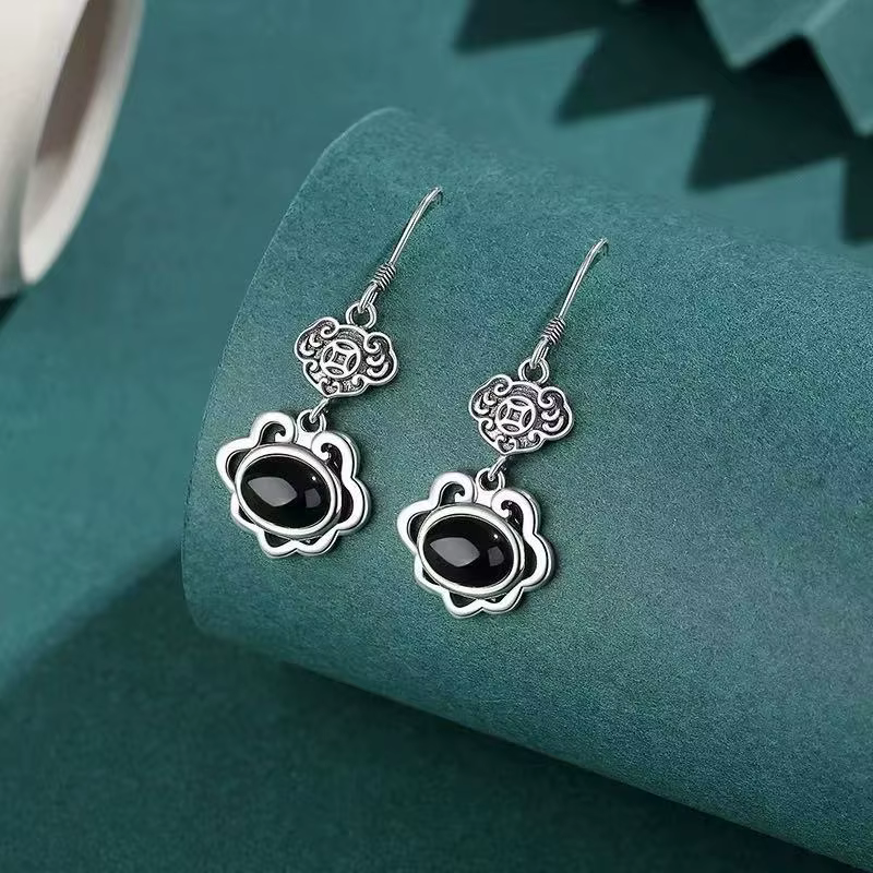 Boucles d'oreilles Vintage en argent Sterling S925 pour femmes, Agate noire, Style ethnique chinois,