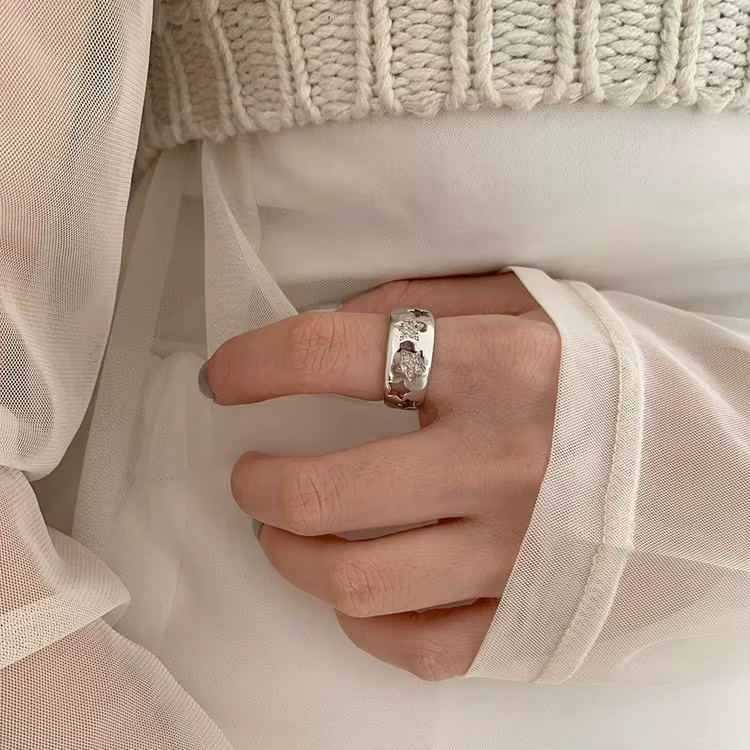 Bague ajustable en zircon couleur argent, motif ciel étoilé ajouré, bords larges, pour femme, bijoux