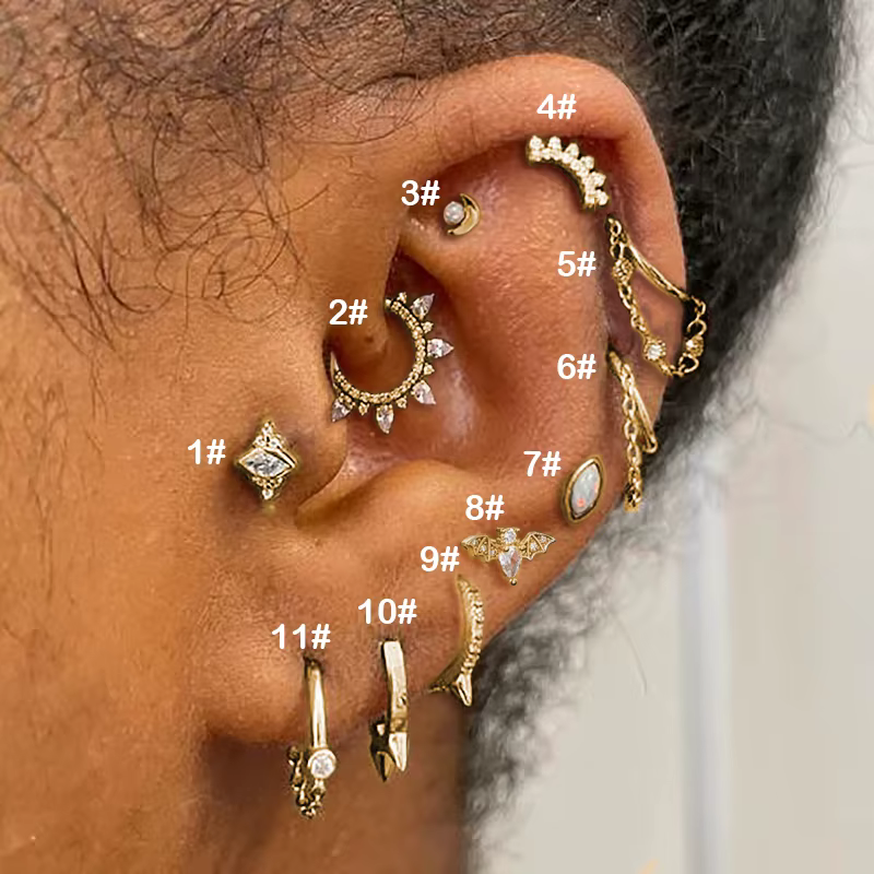 Boucle d'oreille Tragus Rook, 1 pièce, couleur argent, Zircon, lune, chaîne pendante, Helix Lobe, Ca