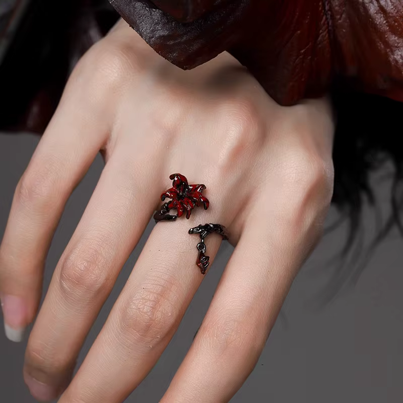 ENSHIR – bague ouverte à fleur rouge pour femmes, vent frais, Style gothique, Design de Niche, bijou