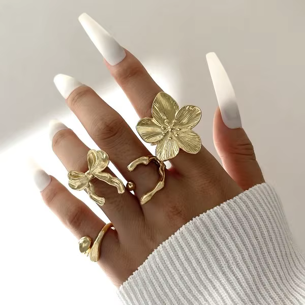 Ensemble de bagues sculpturales dorées pour femme, motif abstrait fleur et nœud, ajustables, pour ph
