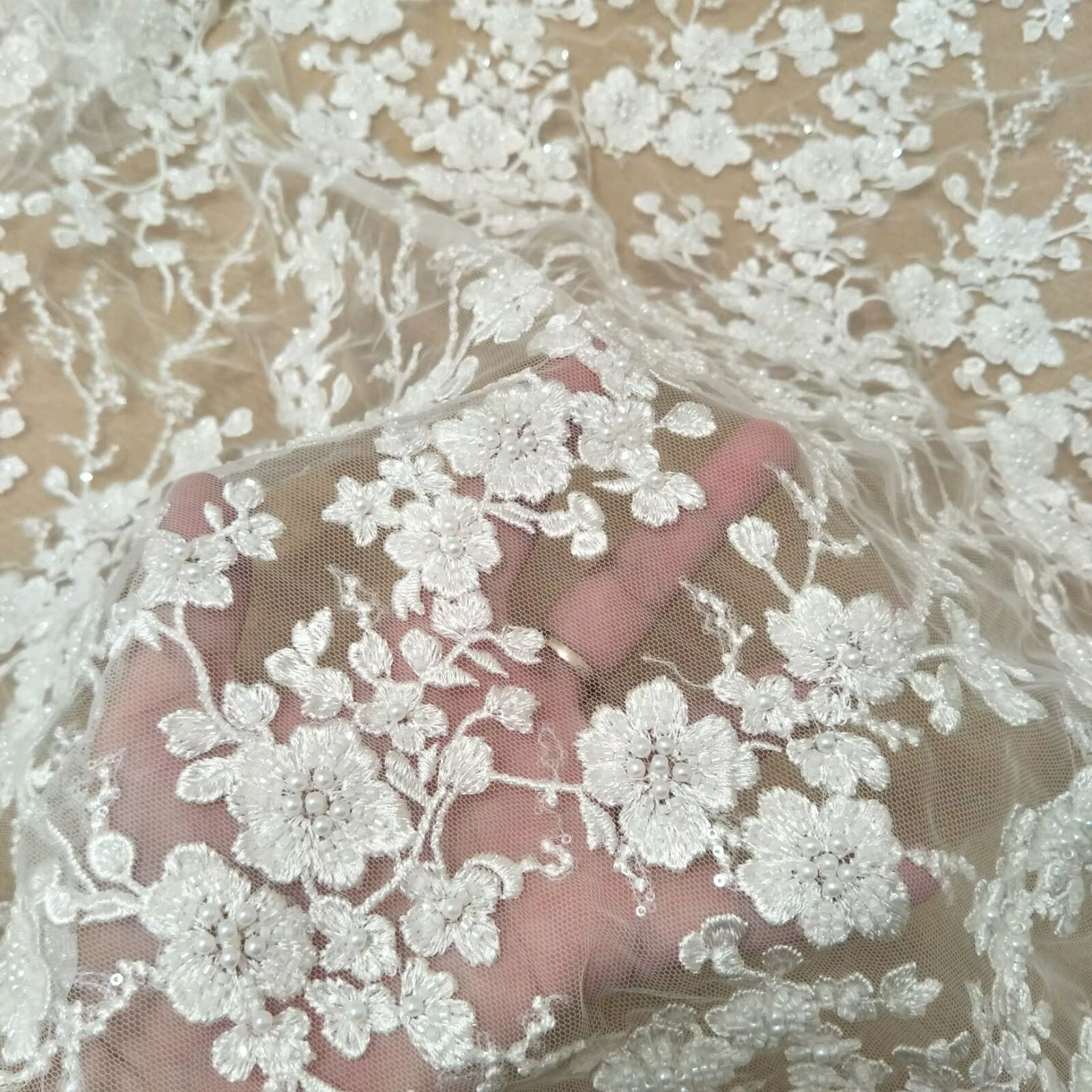 Robe de mariée en dentelle ivoire avec paillettes, tissu perlé, largeur 130cm, vente chaude par yard