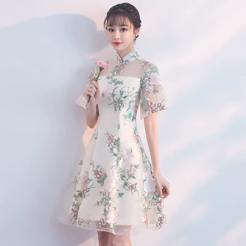 Robes de Banquet trapèze brodées de fleurs en dentelle, Vintage, col Mandarin, robe chinoise, jupe C