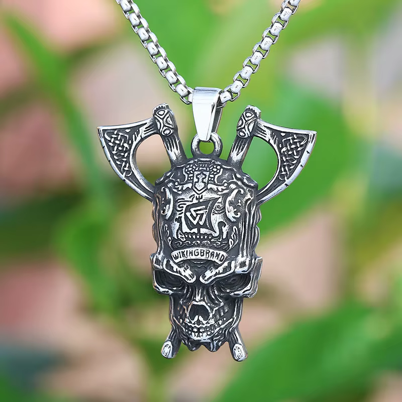 Collier pendentif tête de mort Viking avec hache et nœud celtique pour hommes et femmes, bijoux en m
