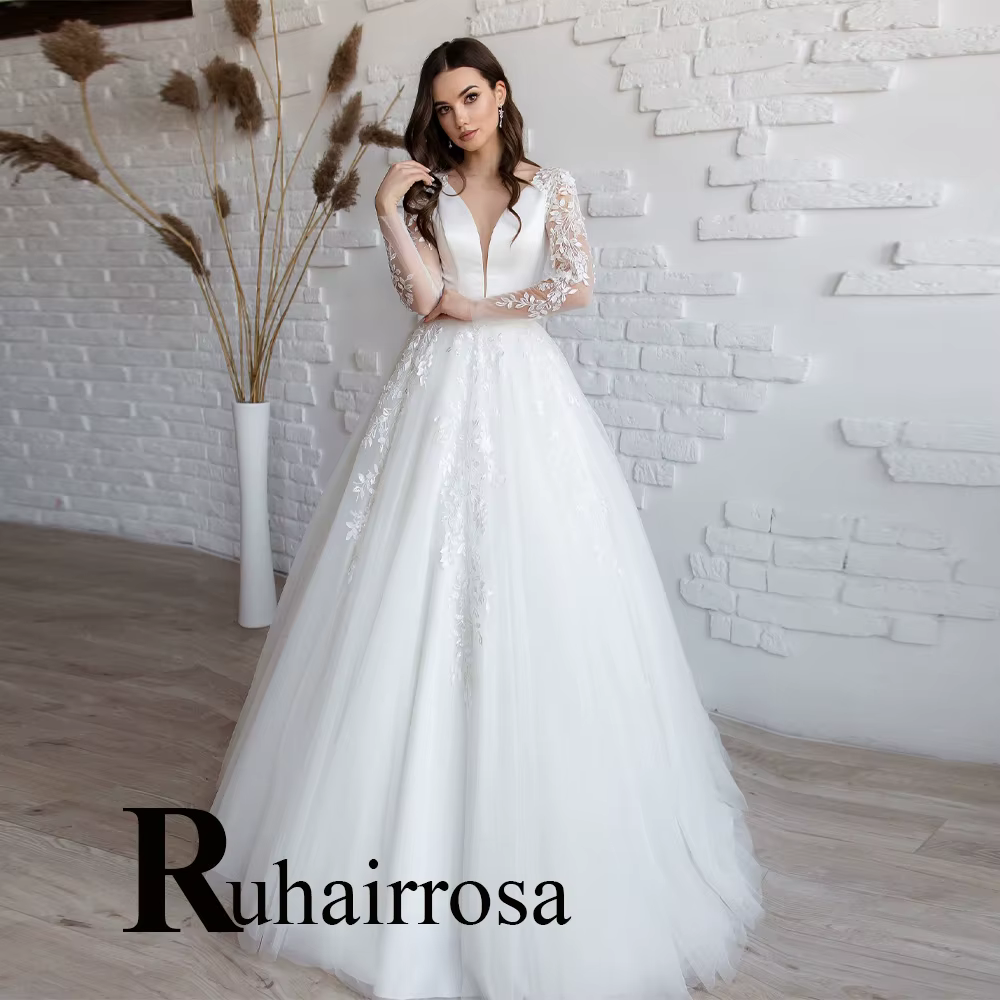 Ruhair Chic robes De mariée Appliques fermeture éclair col en v a-ligne Tulle balayage Train sur mes