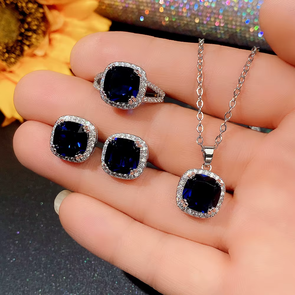 Ensemble de bijoux créatifs en Imitation saphir pour femmes, 4 pièces, cristal mignon carré rétro, c