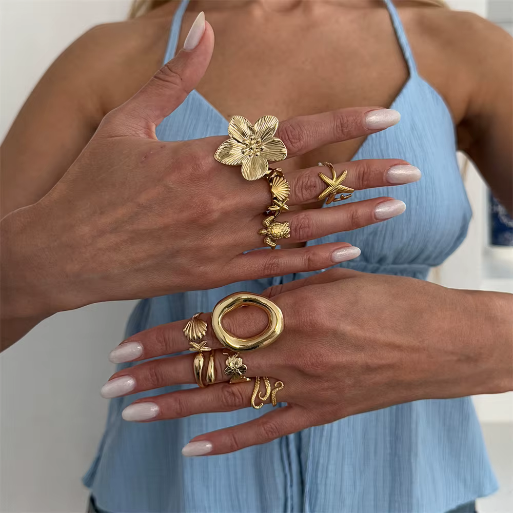 Lot de 9 bagues tropicales océaniques pour femme, tortue de mer, étoile de mer, coquillages, grandes