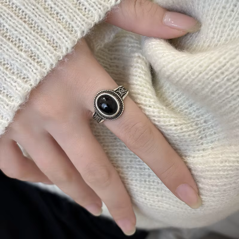 Bague coréenne Simple en Onyx noir pour femmes, bague de déclaration Vintage en argent Sterling 925,