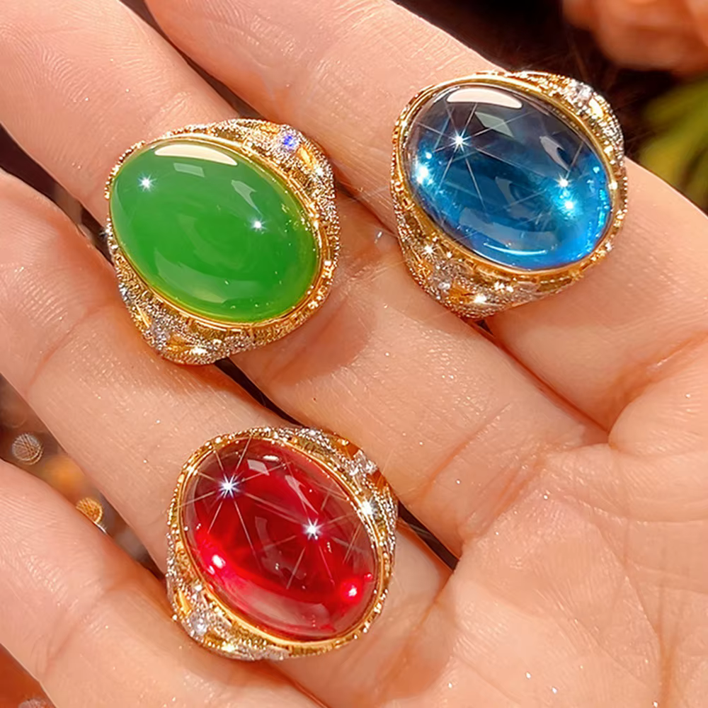 Vinregem – bagues ovales réglables de style vintage, saphir, rubis, jade vert, diamant à haute teneu