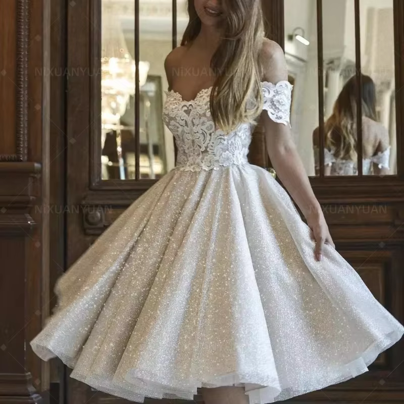 Robe De mariée courte brillante en dentelle, avec des appliques, tenue De princesse, épaules dénudée