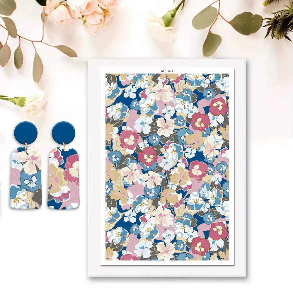 1 feuille de papier transfert floral aquarelle pour argile polymère, motifs artistiques, décalcomani