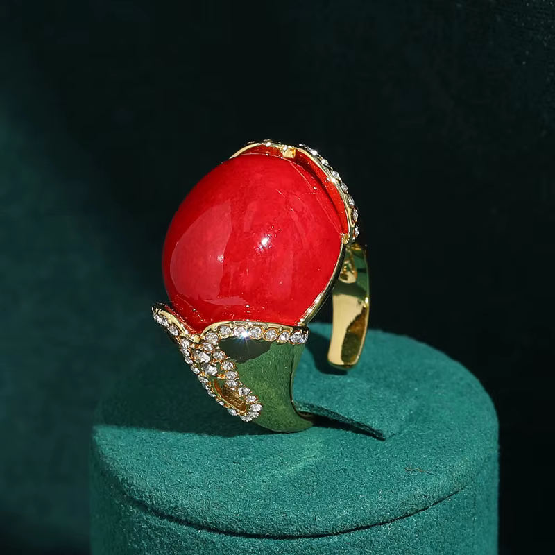 Bagues ovales vintage en agate rouge pour femme, bijoux de luxe Art Déco avec strass couleur or, mar