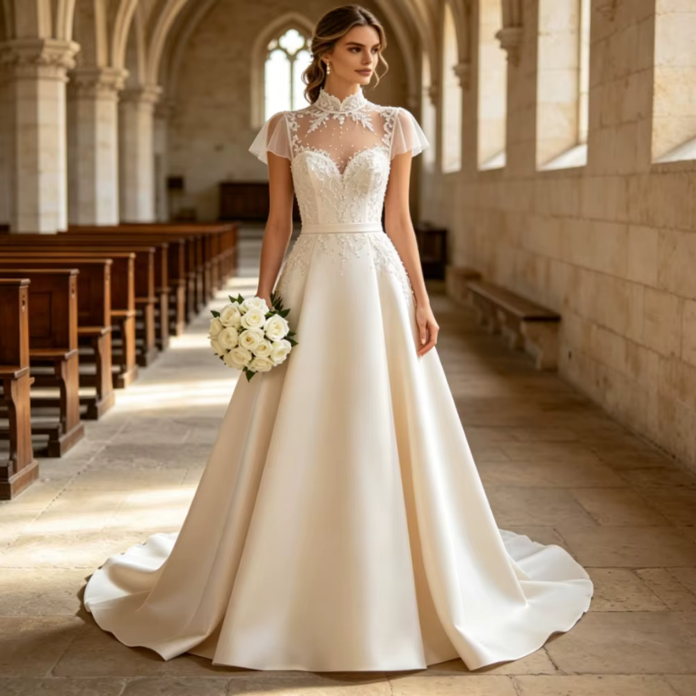 Robes de mariée de luxe personnalisées à manches courtes, col haut, robe de mariée en dentelle avec 