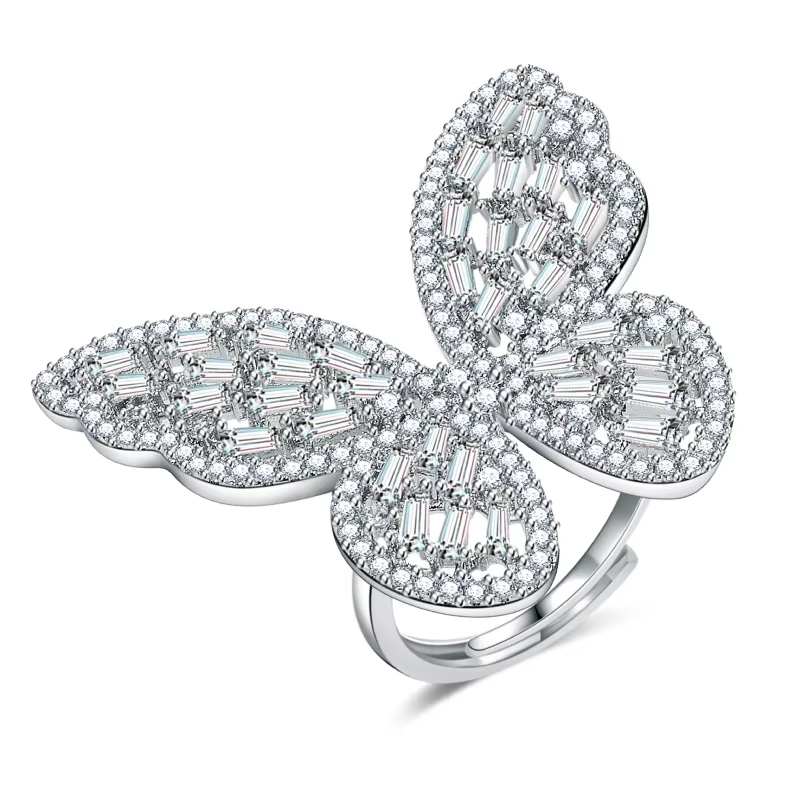 Bague papillon en argent regardé 925 pour femme, grandes matiques d'ouverture de cocktail brillantes