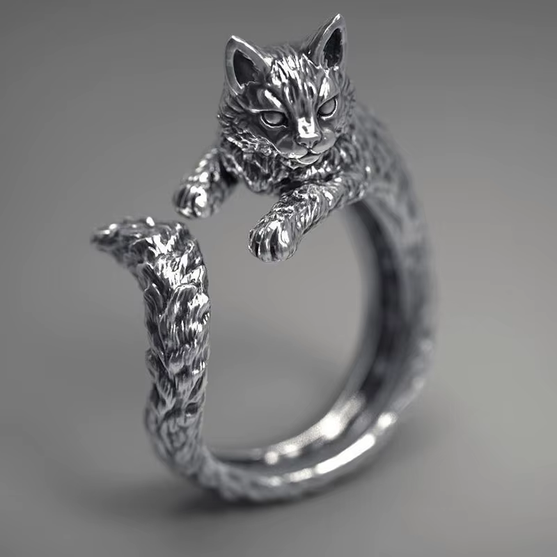 Bague rétro chat foncé pour hommes et femmes, anneau gothique couleur argent réglable, accessoires d