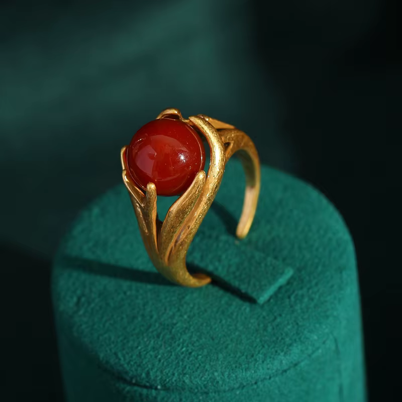 Bagues de fiançailles ouvertes vintage pour femmes, pierre naturelle ronde narrouge, sans dégrad, bi
