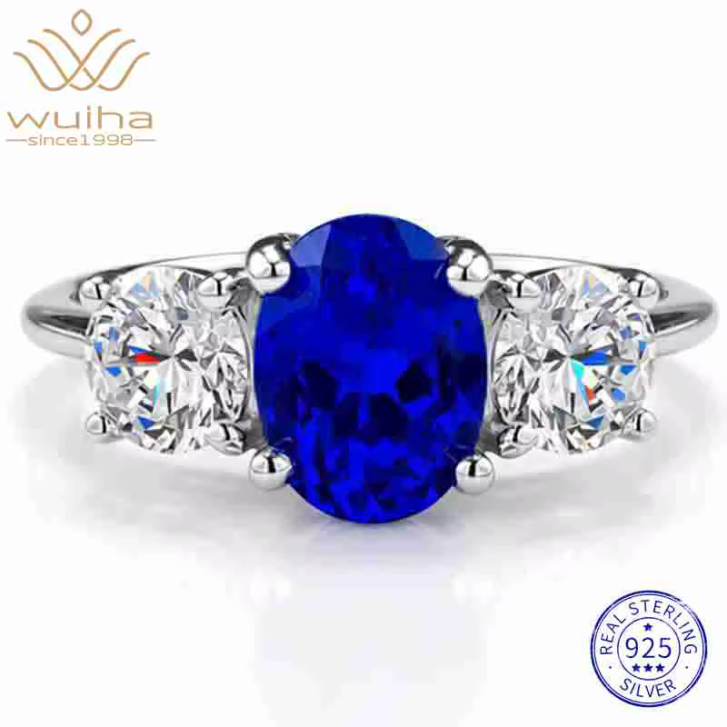 Wong Rain – bague vintage en argent sterling 100% 925, 6x8MM, coupe ovale, saphir bleu de laboratoir