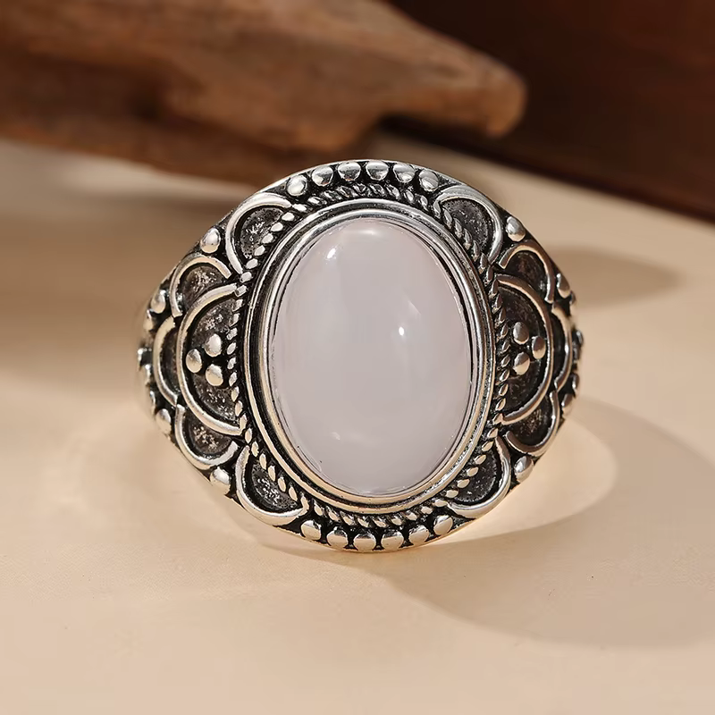 Bague Boho en pierre de lune, pierre de lune arc-en-ciel, couleur argentée, bague minimaliste, bijou