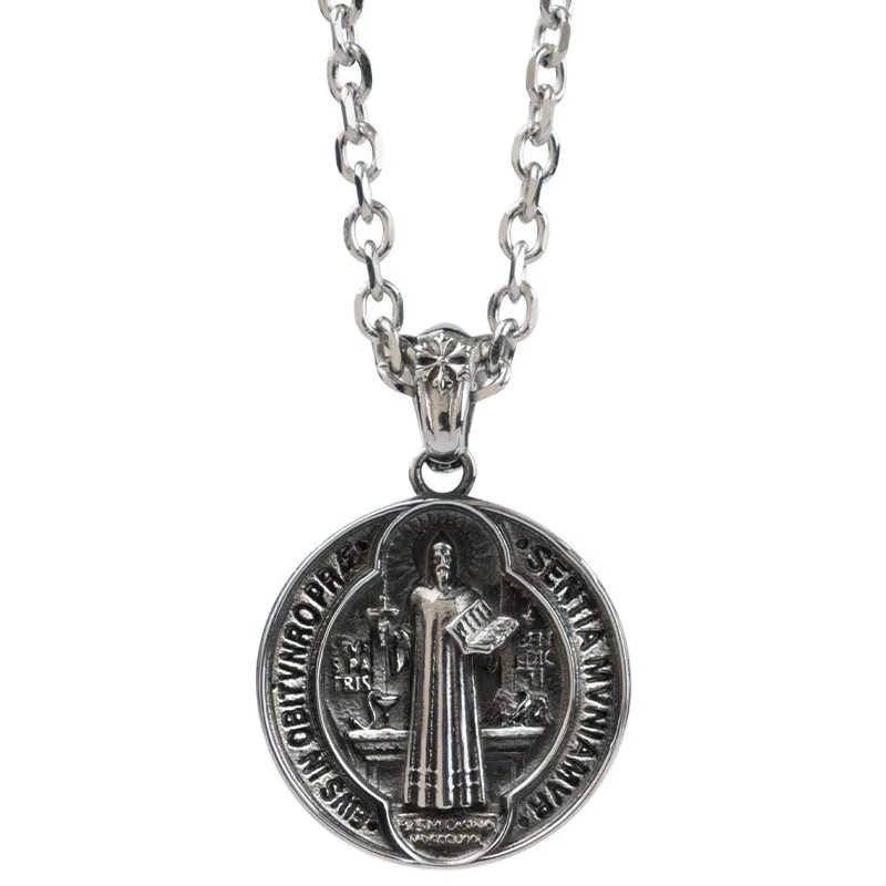 Collier Religieux Vintage en Titane et Acier, Bijou avec Croix et Texte de Prière, Saint Benoît, Pmo