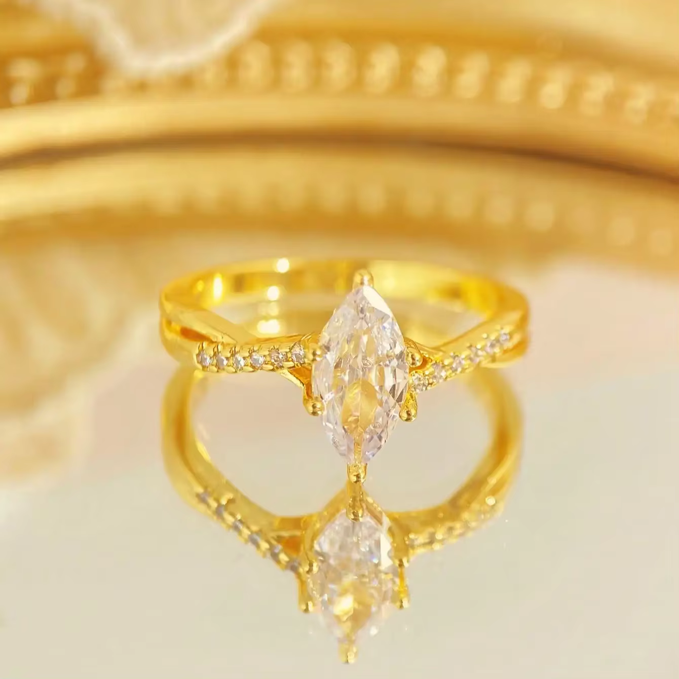 Bague en argent Sterling 925 pour femmes, magnifique bague en Zircon Marquise doré brillant, fête d'