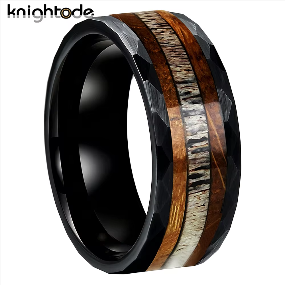 Bague en tungstène martelé de 8 mm pour homme et femme, alliance avec incrustation en bois de baril 