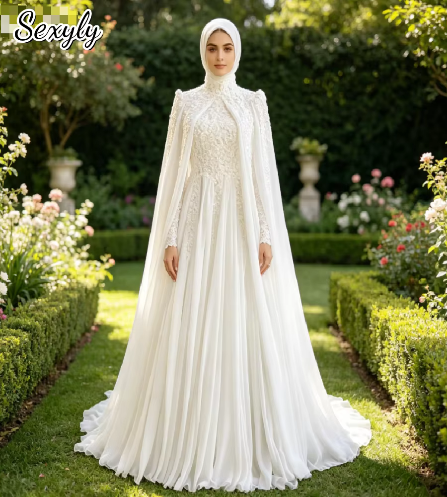 Élégante Robe de Mariée Musulmane Kaftan Marocain avec Cape, Col Montant, Manches Longues, Dentelle,