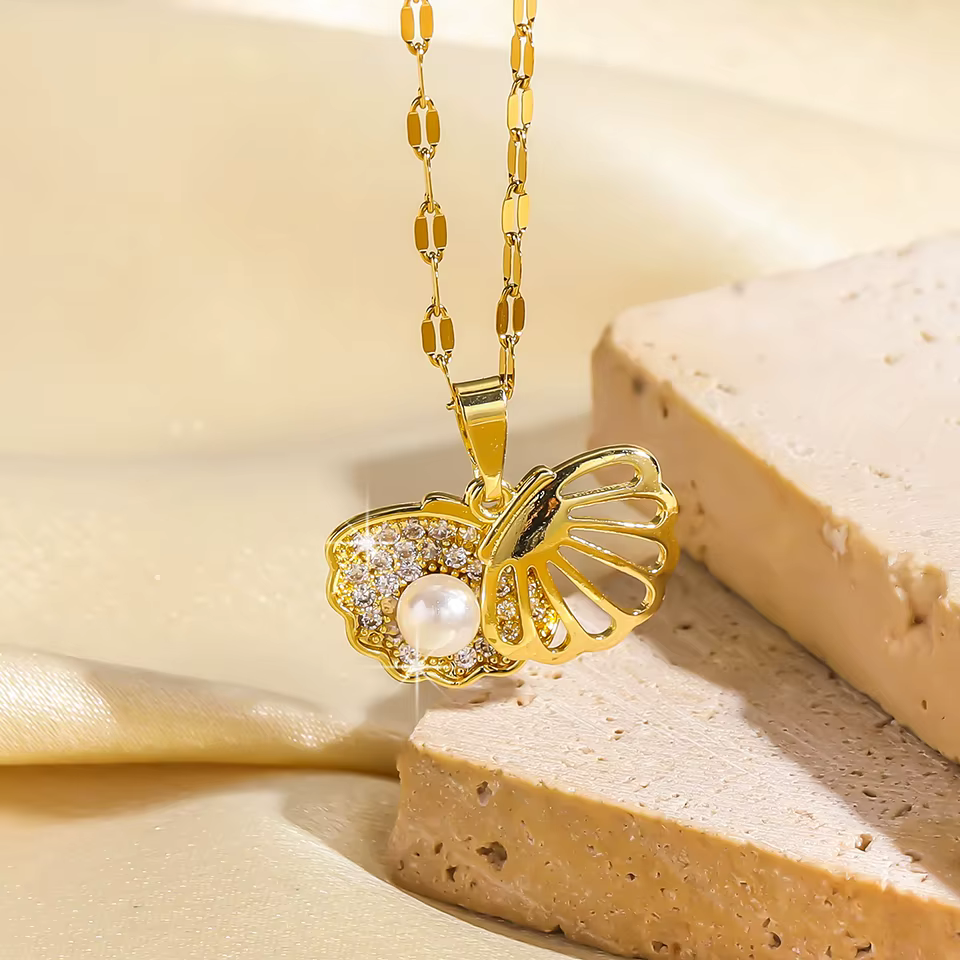 ZAKOL – collier de perles de coquillage français pour femmes, couleur or, acier inoxydable, Zircon, 