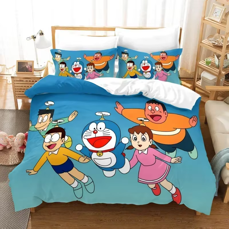Parure de lit Doraemon Anime pour étudiants, draps, housse de couette, taie d'oreiller, pour dortoir