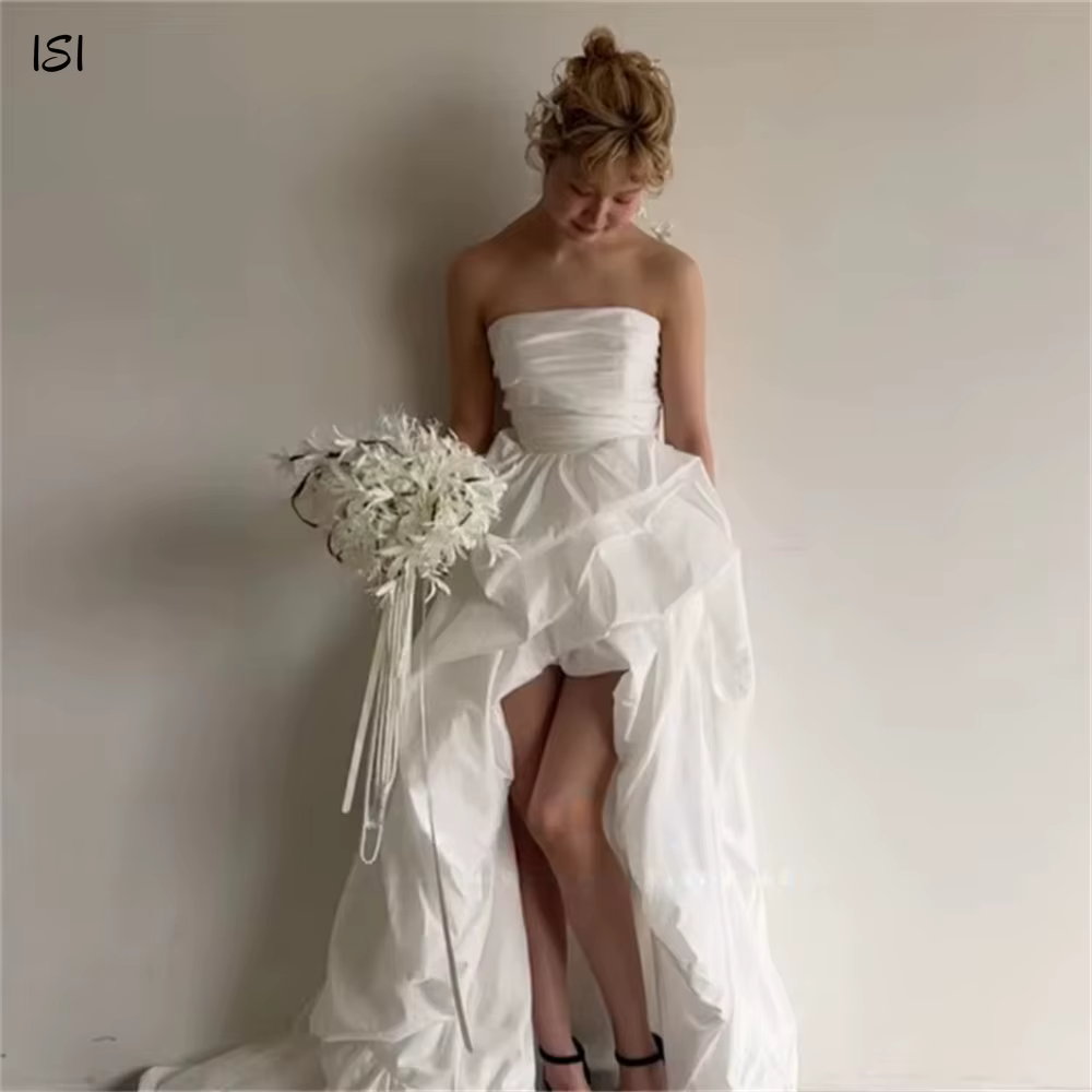 Robes de mariée japonaises modernes personnalisées ISI Hi-Lo pour femmes, col bateau, plissées, pour