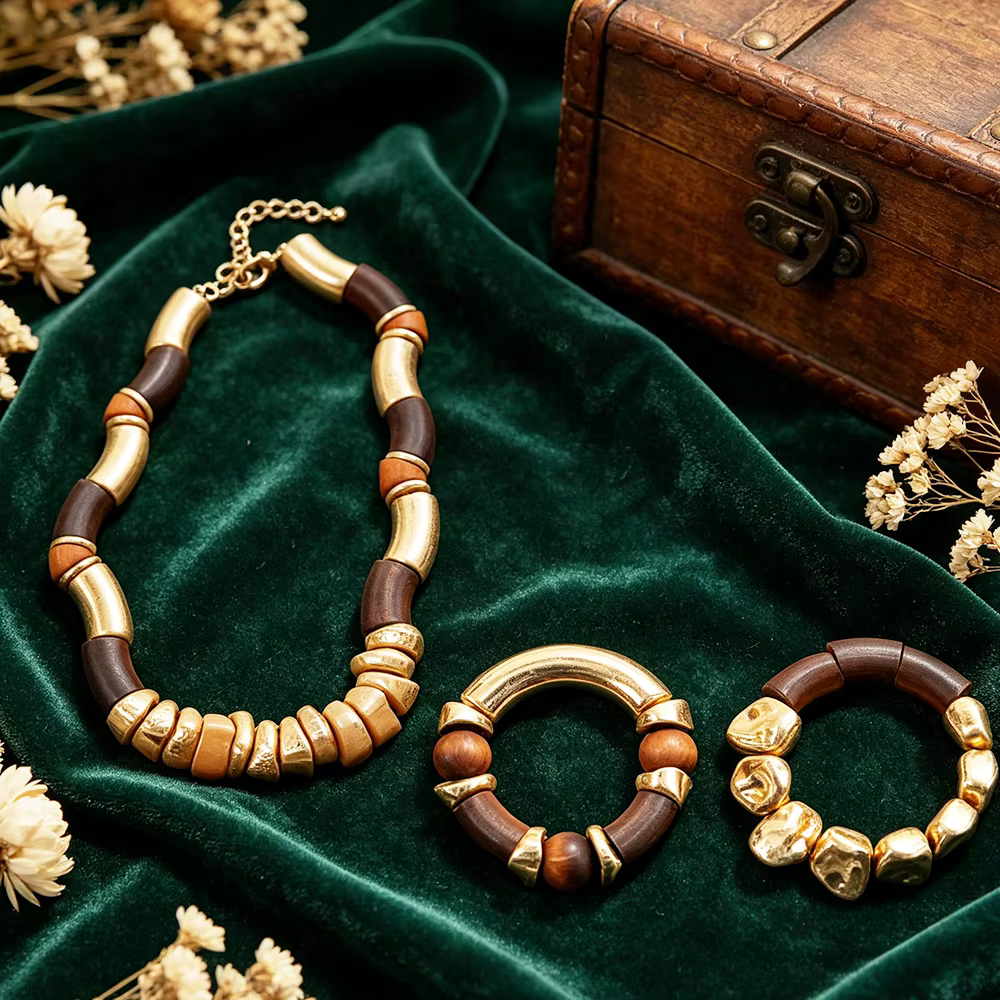 Ensemble de bijoux en bois et or, collier statement et deux bracelets superposables pour femmes, pou