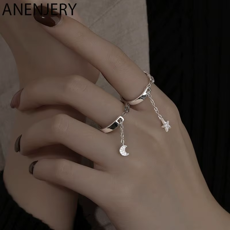ANENJERY – bague ajustable couleur argent pour femmes, bijoux, étoile, lune, mignon, à la mode, cade