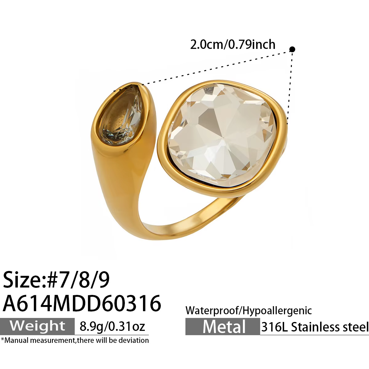 Bagues en pierre scintillante colorée pour femmes, en acier inoxydable plaqué or 18 carats, bague Hu