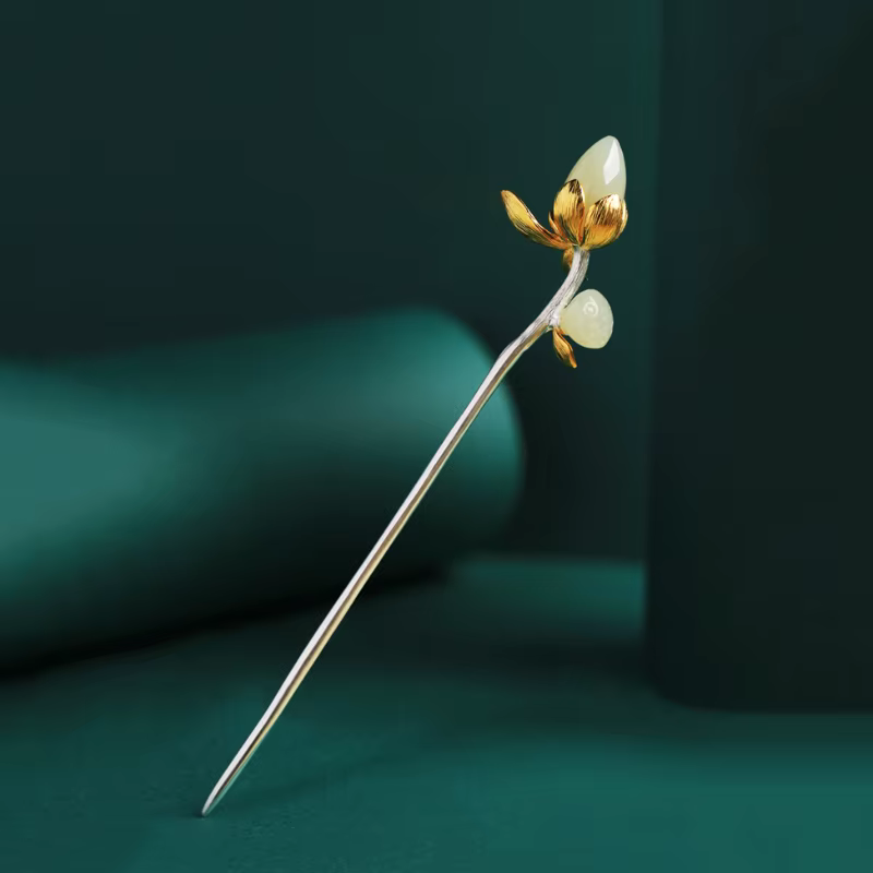 Épingle à cheveux diadème lotus en jade naturel Hetian pour femmes, bijoux de cheveux rétro élégant,
