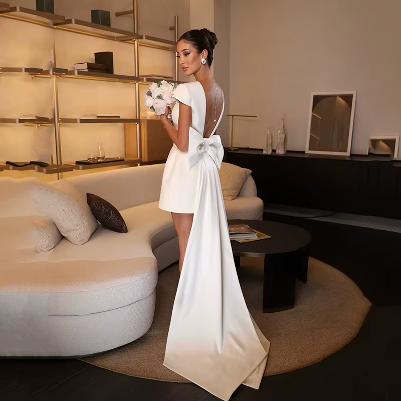 Robe de mariée courte Eightree 2026, col rond, manches courtes, dos nu, nœud en satin, robe de marié