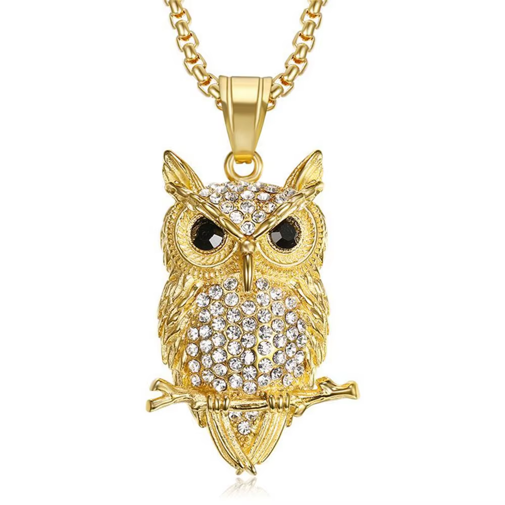 Hip Hop glacé Bling Animal hibou pendentif couleur or collier en acier inoxydable pour femmes hommes