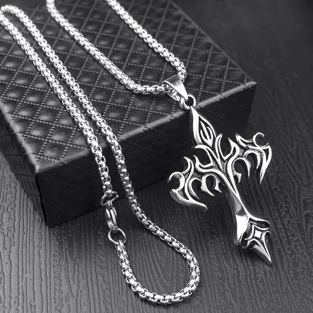 Collier pendentif croix flamme vintage tendance pour femmes et hommes, chaîne longue, accessoires pu