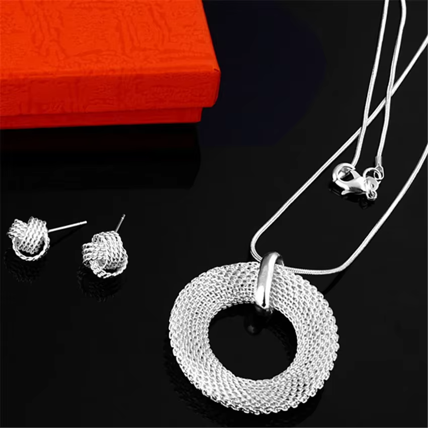 Ensembles de bijoux en argent Sterling 925 pour femmes, collier rond, boucles d'oreilles, à la mode,
