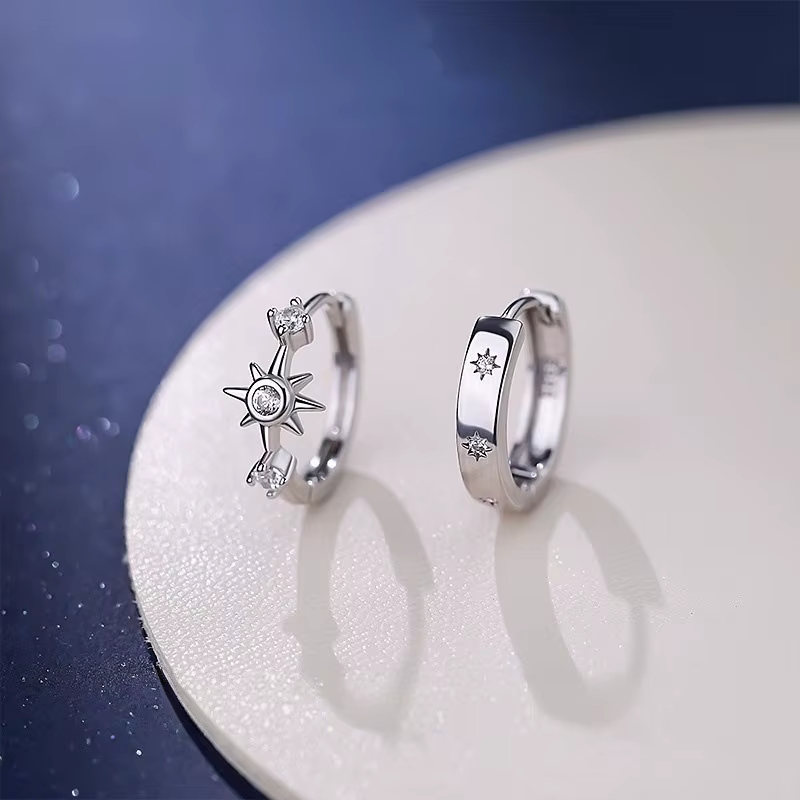 Boucles d'oreilles asymétriques en argent sterling 925 avec zircon en forme d'étoile pour femmes, bi