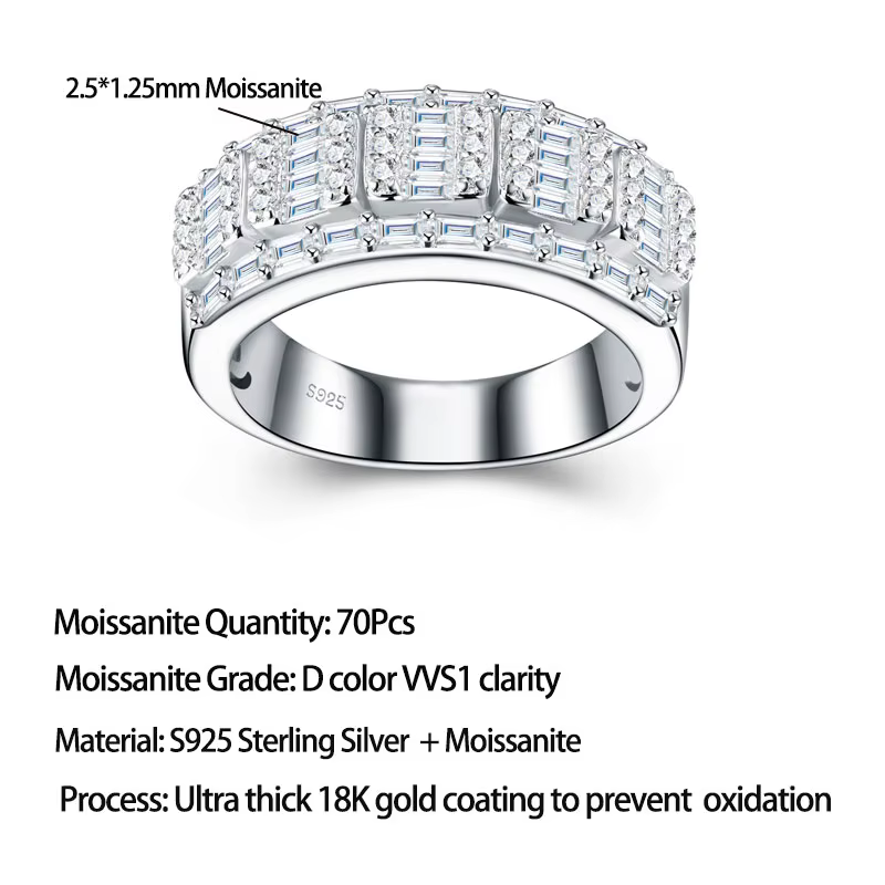 Bague éternité à trois rangs en argent sterling S925 avec moissanite LinkerLove pour homme, bague en