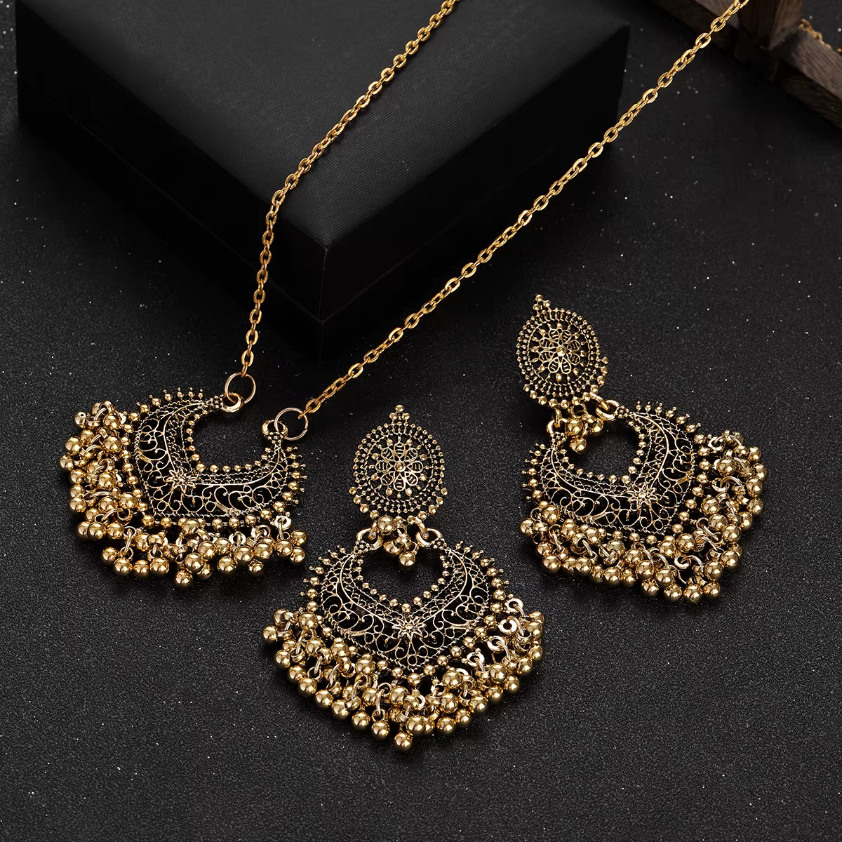 Ensemble de bijoux indiens plaqués or rétro pour femmes, perles rondes, boucles d'oreilles pompon, e