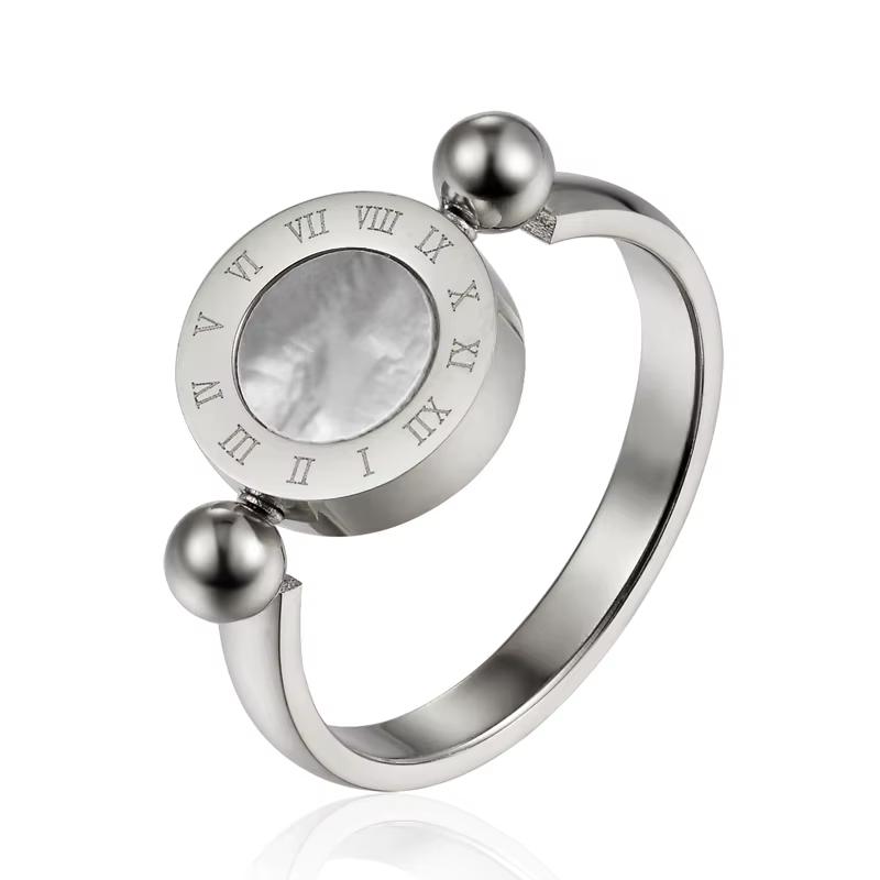 Bague en acier inoxydable pour femmes, Design classique, peut être tourné, émail et coquille, chiffr