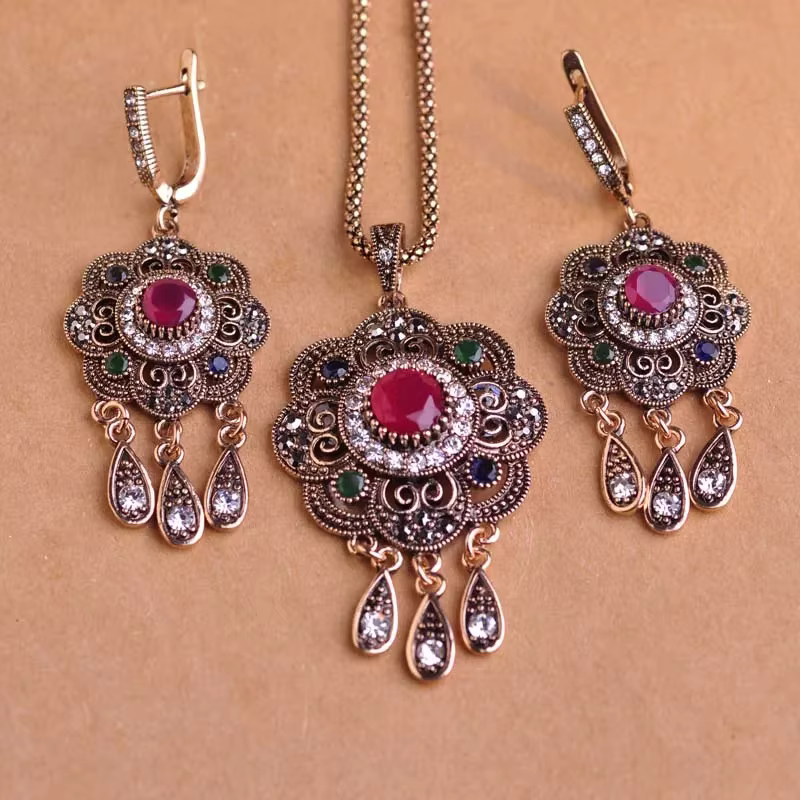 Blucome Vintage turc bijoux ensembles vert fleur pendentif Colar couleur or princesse crochets longs