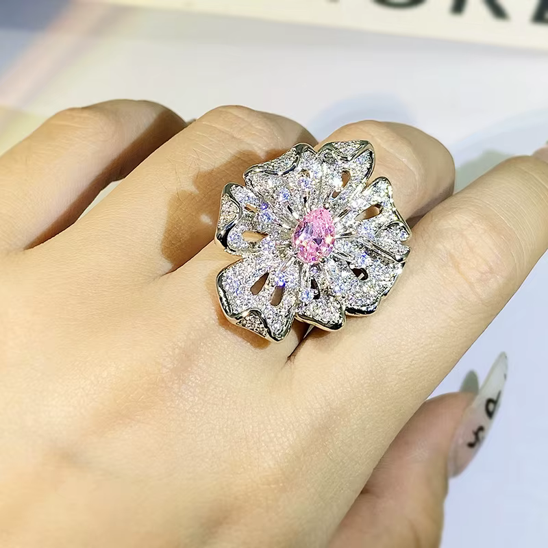Bague en diamant rose pour femme, nouvelle mode, ouvert, Simple, plein de diamants, Micro-ensemble, 