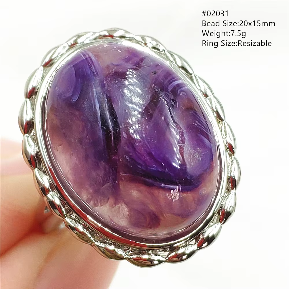 Bague réglable en Charoite violette naturelle, en argent Sterling 925, pierres précieuses, perle à l