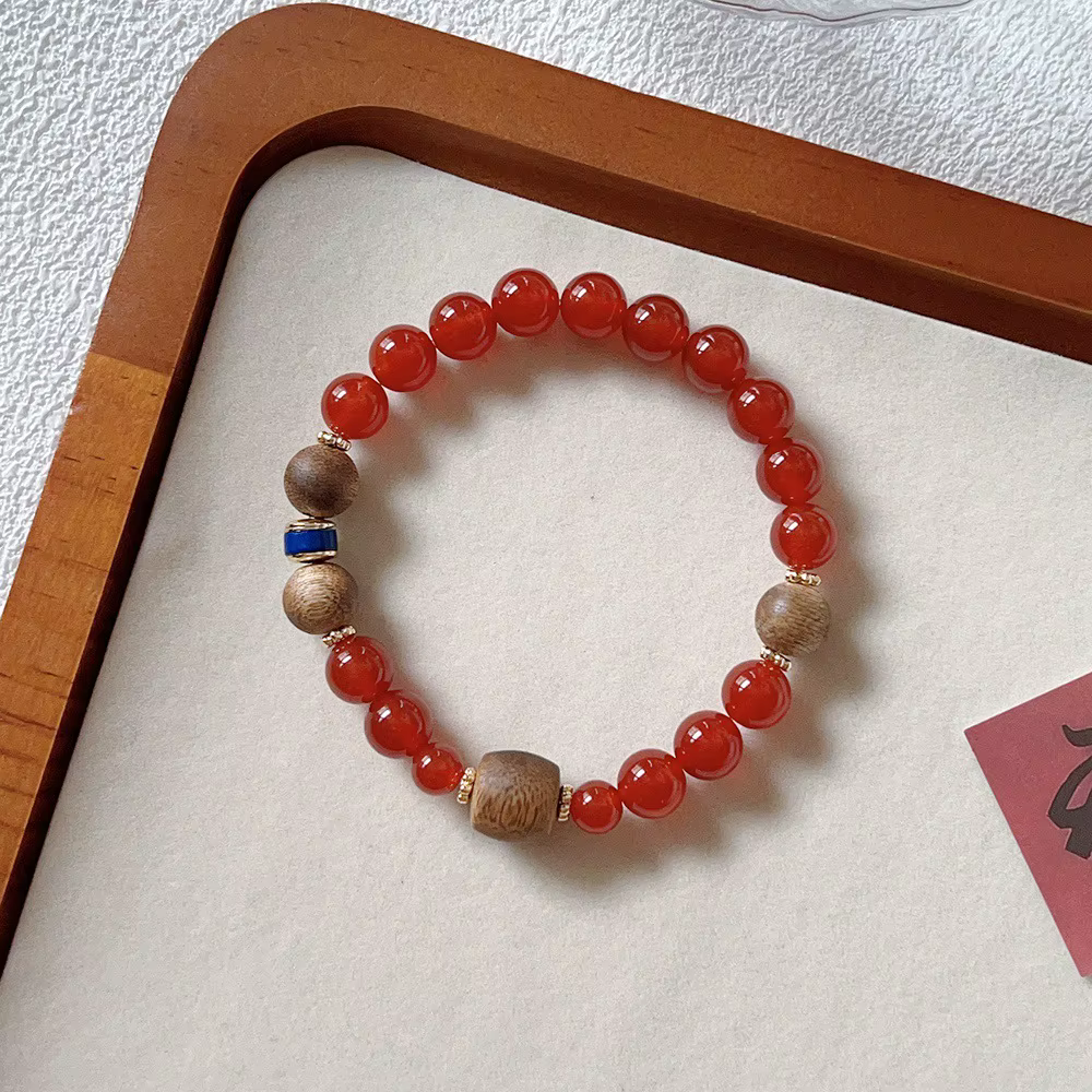 Bracelets en perles d'agate rouge naturelle pour femmes, 8MM, en bois d'agar, rétro, élastique, Vint