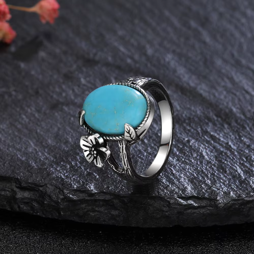 S925 bague en argent bijoux 10*14mm Turquoise Boutique bijoux rétro bague femmes fiançailles mariage