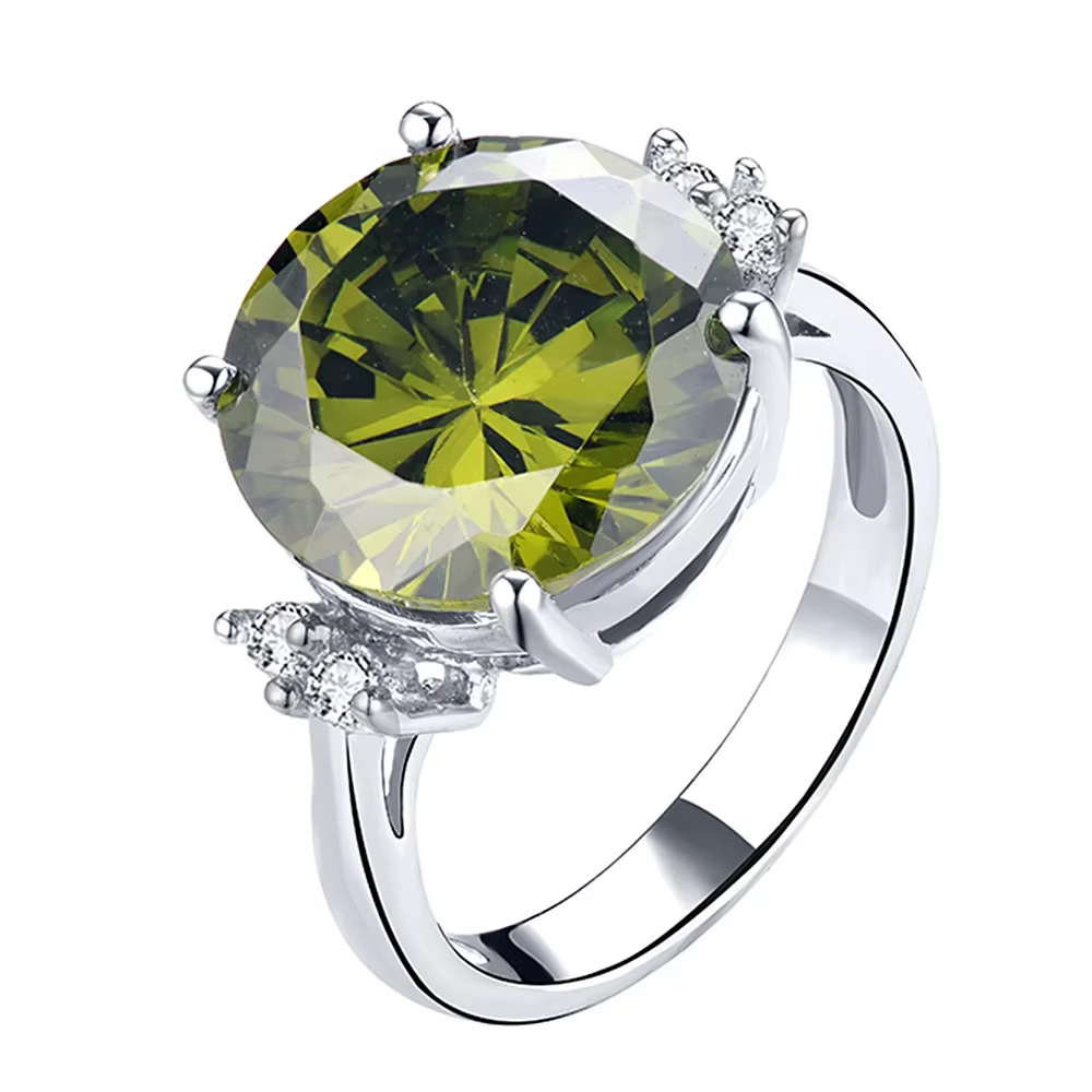 Bague en zircone cubique péridot, pierre de naissance d'août, grand anneau ovale en grappe, en argen