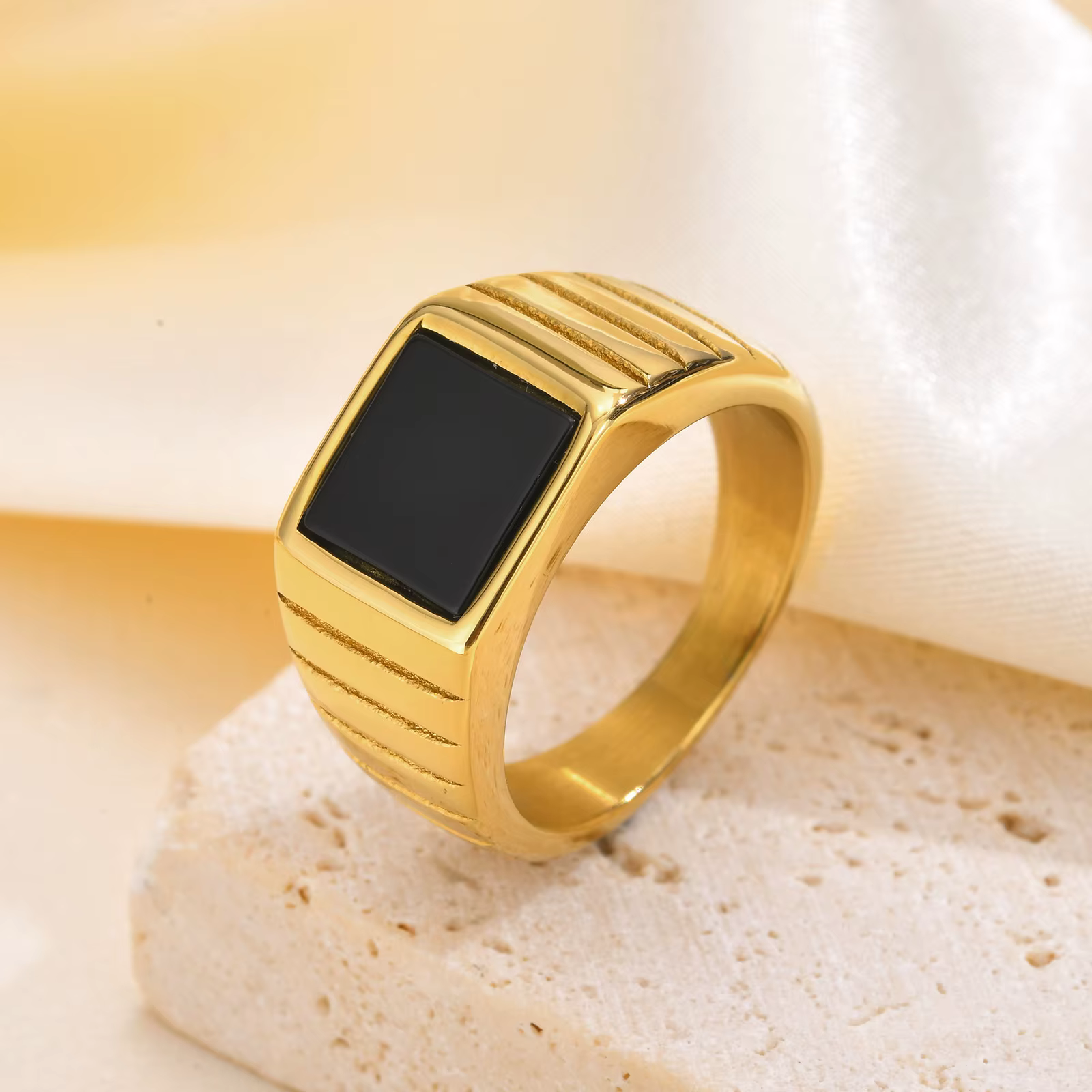 Oral alière en pierre noire rétro pour femme, bague de déclaration en acier inoxydable, document en 