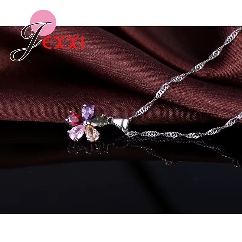 Ensemble de bijoux en argent regardé 925 avec pendentif pétale, collier, boucles d'oreilles, cubique